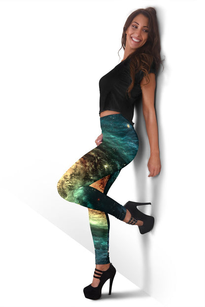 Green Yellow Spiral Galaxy Space Print Women's Leggings GearFrost