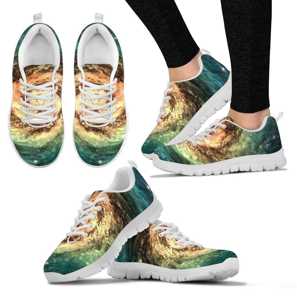 Green Yellow Spiral Galaxy Space Print Women's Sneakers GearFrost