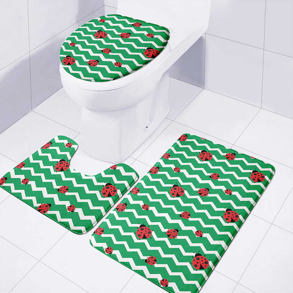 Green Zigzag Ladybird Pattern Print 3 Piece Bath Mat Set