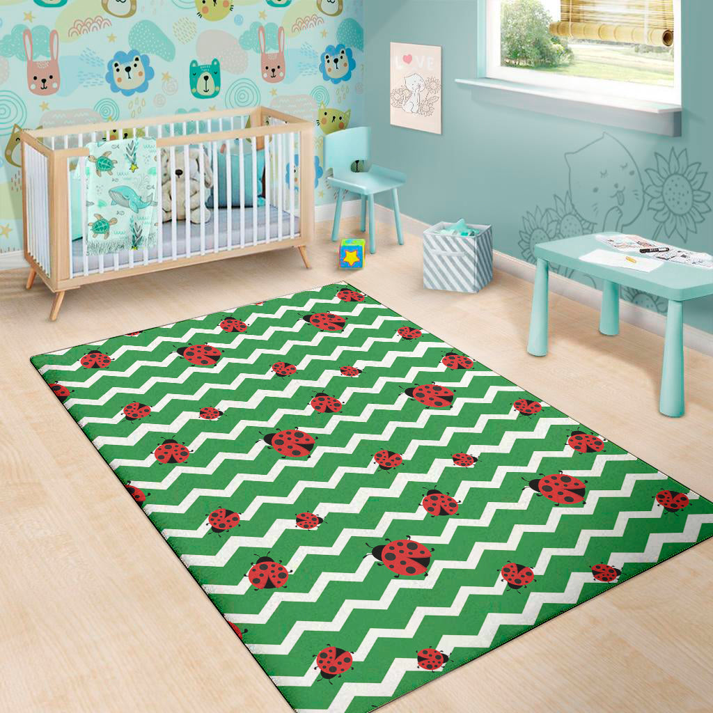 Green Zigzag Ladybird Pattern Print Area Rug