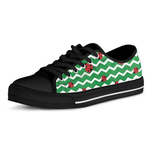 Green Zigzag Ladybird Pattern Print Black Low Top Shoes