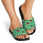 Green Zigzag Ladybird Pattern Print Black Slide Sandals