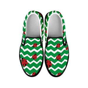 Green Zigzag Ladybird Pattern Print Black Slip On Shoes