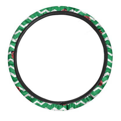 Green Zigzag Ladybird Pattern Print Car Steering Wheel Cover