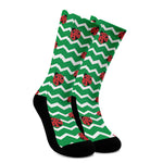 Green Zigzag Ladybird Pattern Print Crew Socks