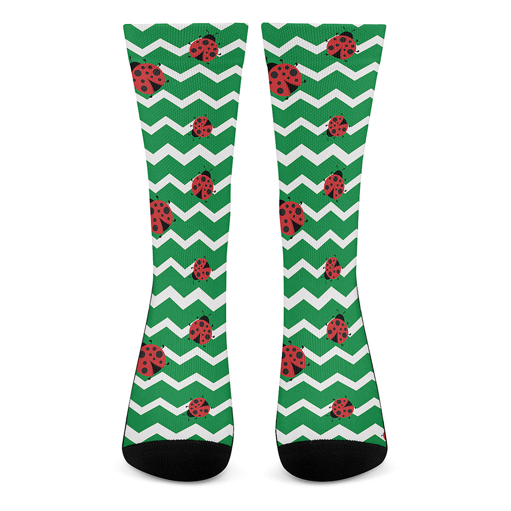 Green Zigzag Ladybird Pattern Print Crew Socks