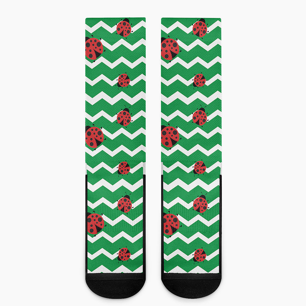 Green Zigzag Ladybird Pattern Print Crew Socks