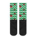 Green Zigzag Ladybird Pattern Print Crew Socks