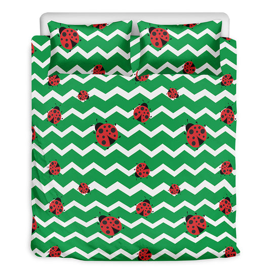 Green Zigzag Ladybird Pattern Print Duvet Cover Bedding Set