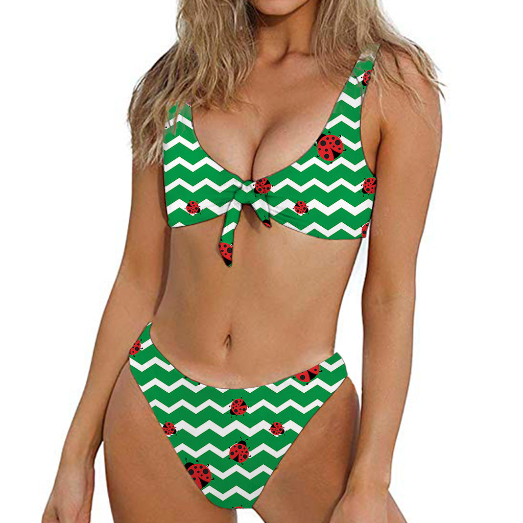 Green Zigzag Ladybird Pattern Print Front Bow Tie Bikini