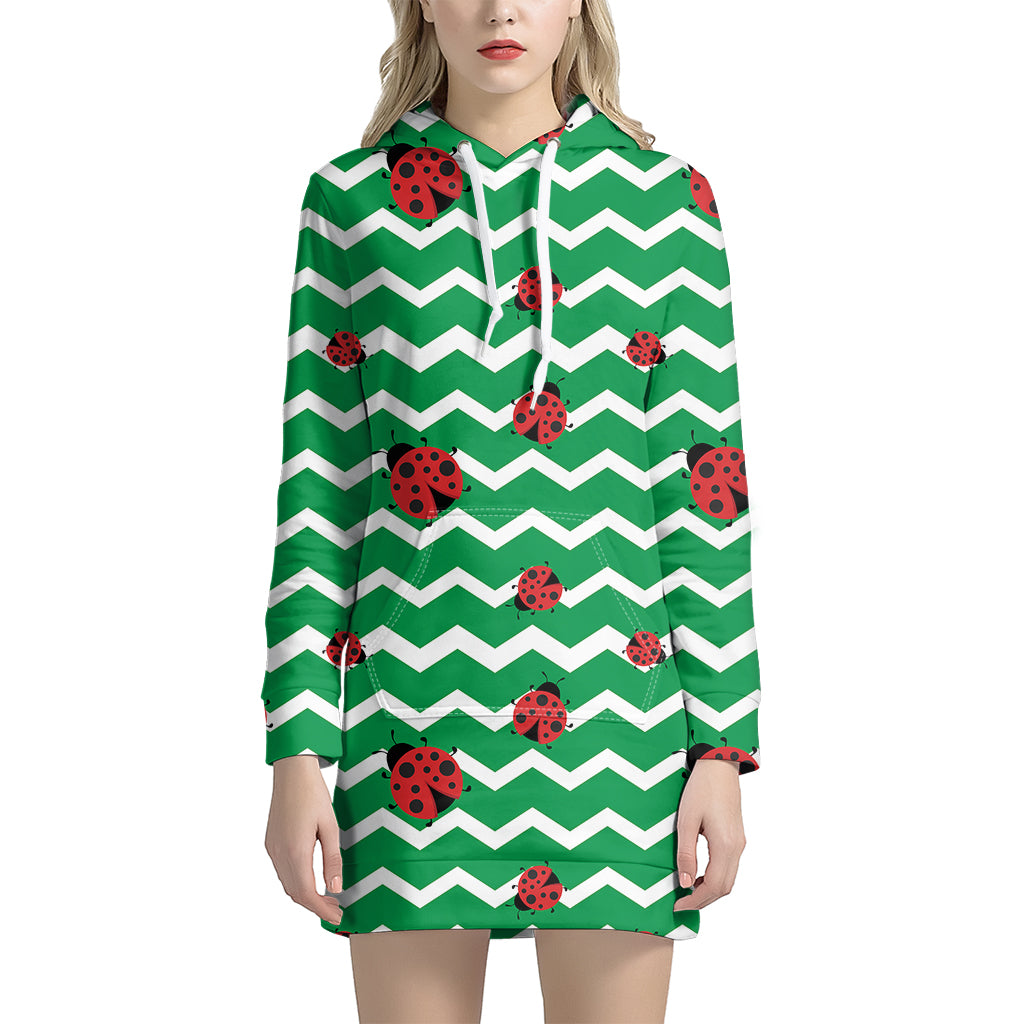 Green Zigzag Ladybird Pattern Print Hoodie Dress