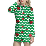 Green Zigzag Ladybird Pattern Print Hoodie Dress