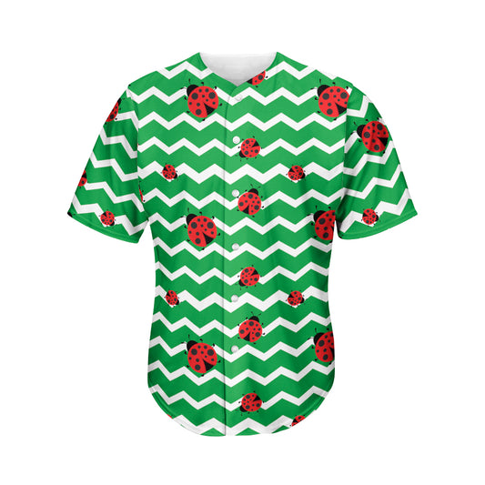 Green Zigzag Ladybird Pattern Print Men's Baseball Jersey