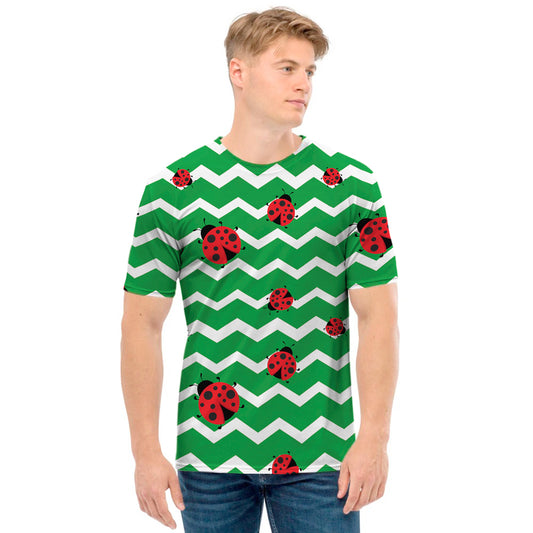 Green Zigzag Ladybird Pattern Print Men's T-Shirt