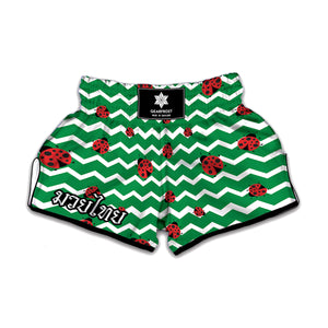 Green Zigzag Ladybird Pattern Print Muay Thai Boxing Shorts