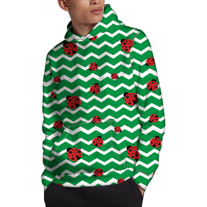 Green Zigzag Ladybird Pattern Print Pullover Hoodie