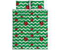 Green Zigzag Ladybird Pattern Print Quilt Bed Set