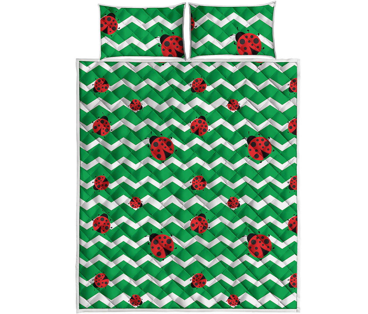Green Zigzag Ladybird Pattern Print Quilt Bed Set