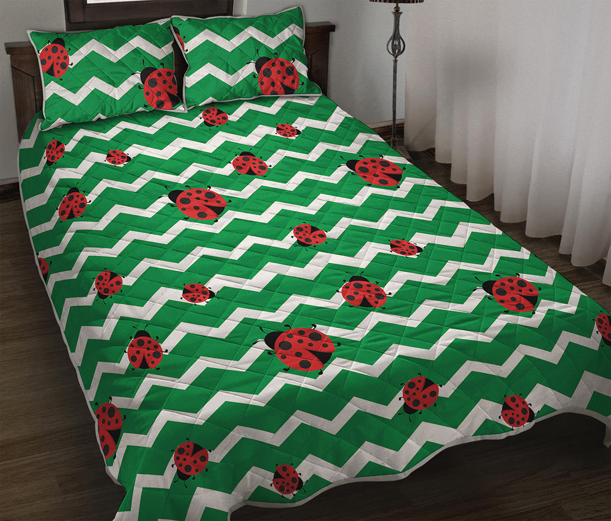 Green Zigzag Ladybird Pattern Print Quilt Bed Set