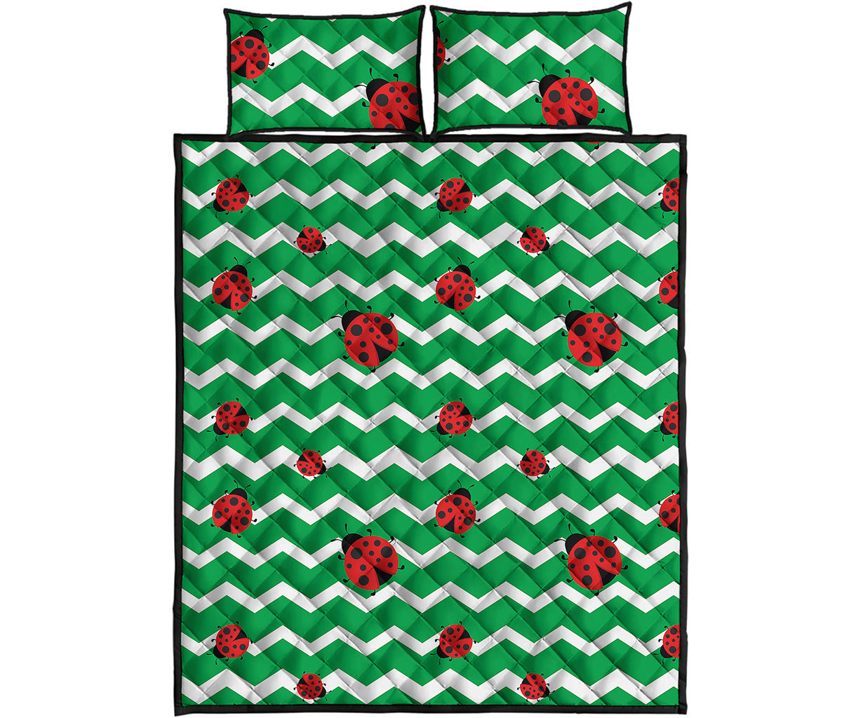Green Zigzag Ladybird Pattern Print Quilt Bed Set