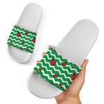 Green Zigzag Ladybird Pattern Print White Slide Sandals