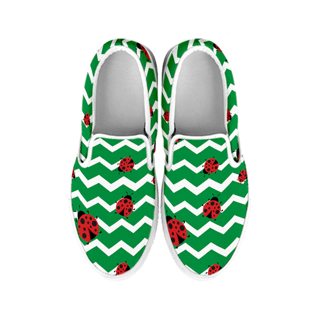 Green Zigzag Ladybird Pattern Print White Slip On Shoes