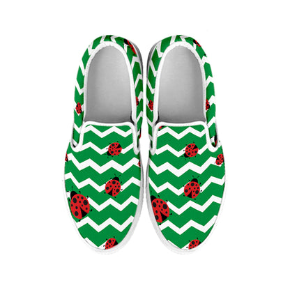 Green Zigzag Ladybird Pattern Print White Slip On Shoes