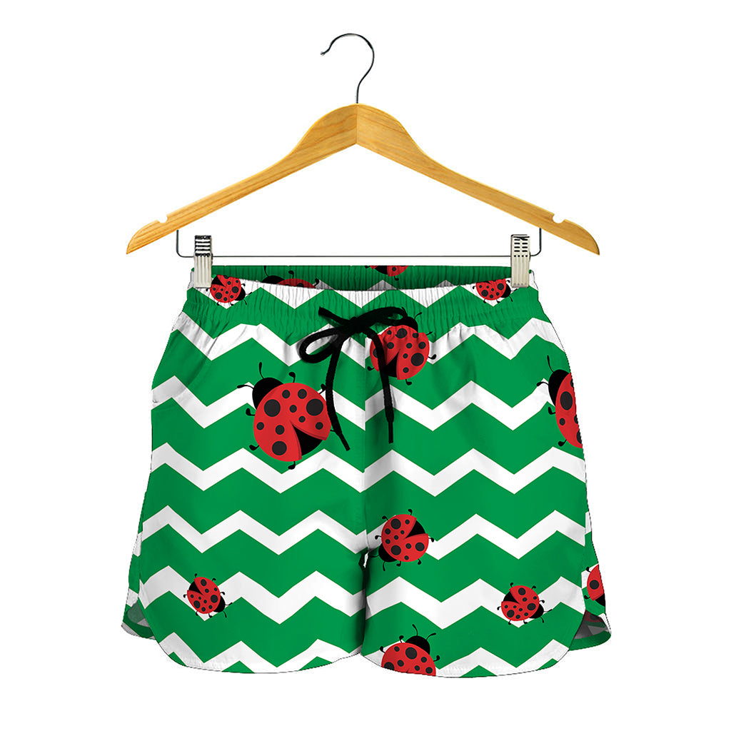 Green Zigzag Ladybird Pattern Print Women's Shorts