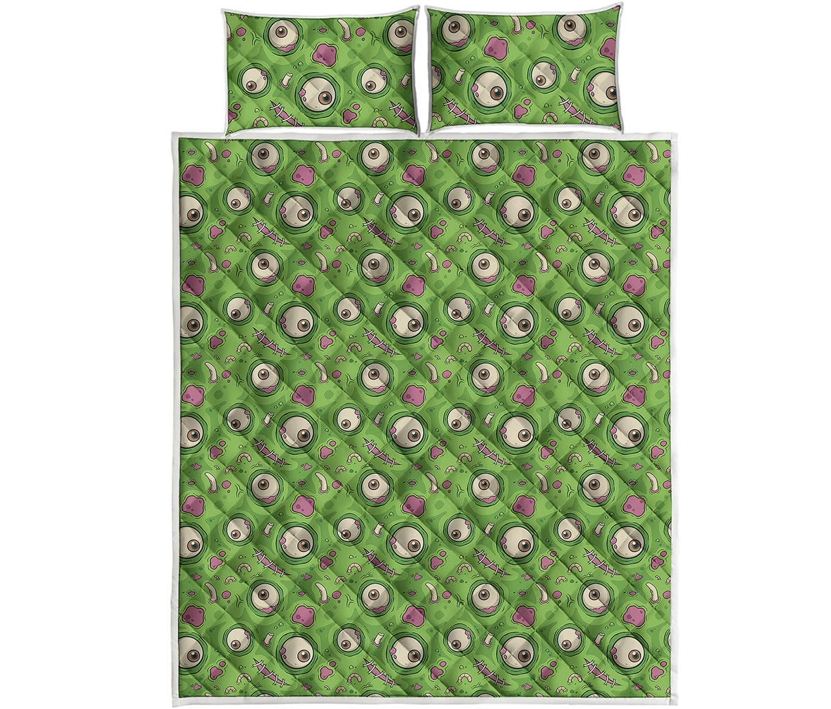 Green Zombie Pattern Print Quilt Bed Set