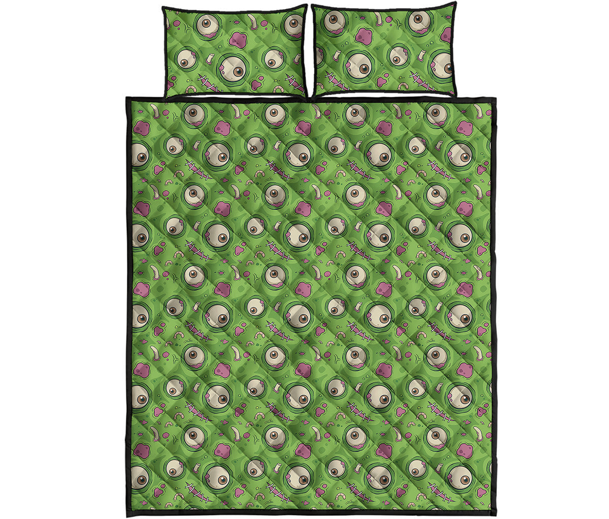Green Zombie Pattern Print Quilt Bed Set
