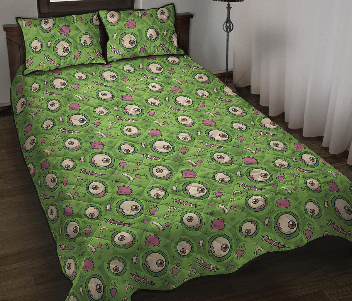 Green Zombie Pattern Print Quilt Bed Set