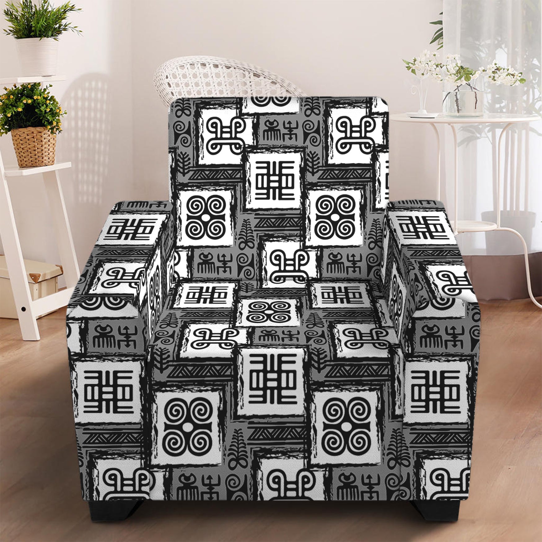 Grey African Adinkra Symbols Print Armchair Slipcover