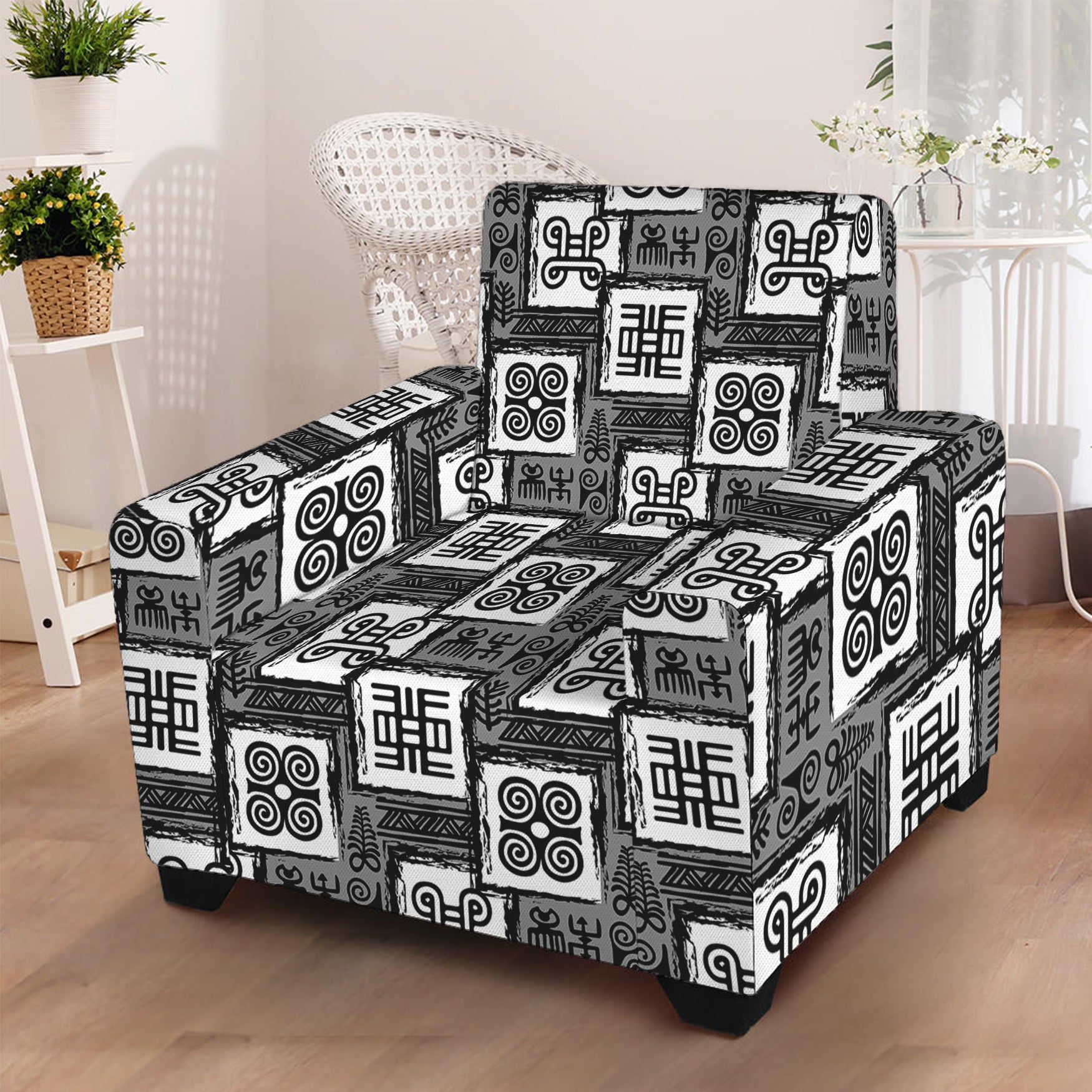 Grey African Adinkra Symbols Print Armchair Slipcover