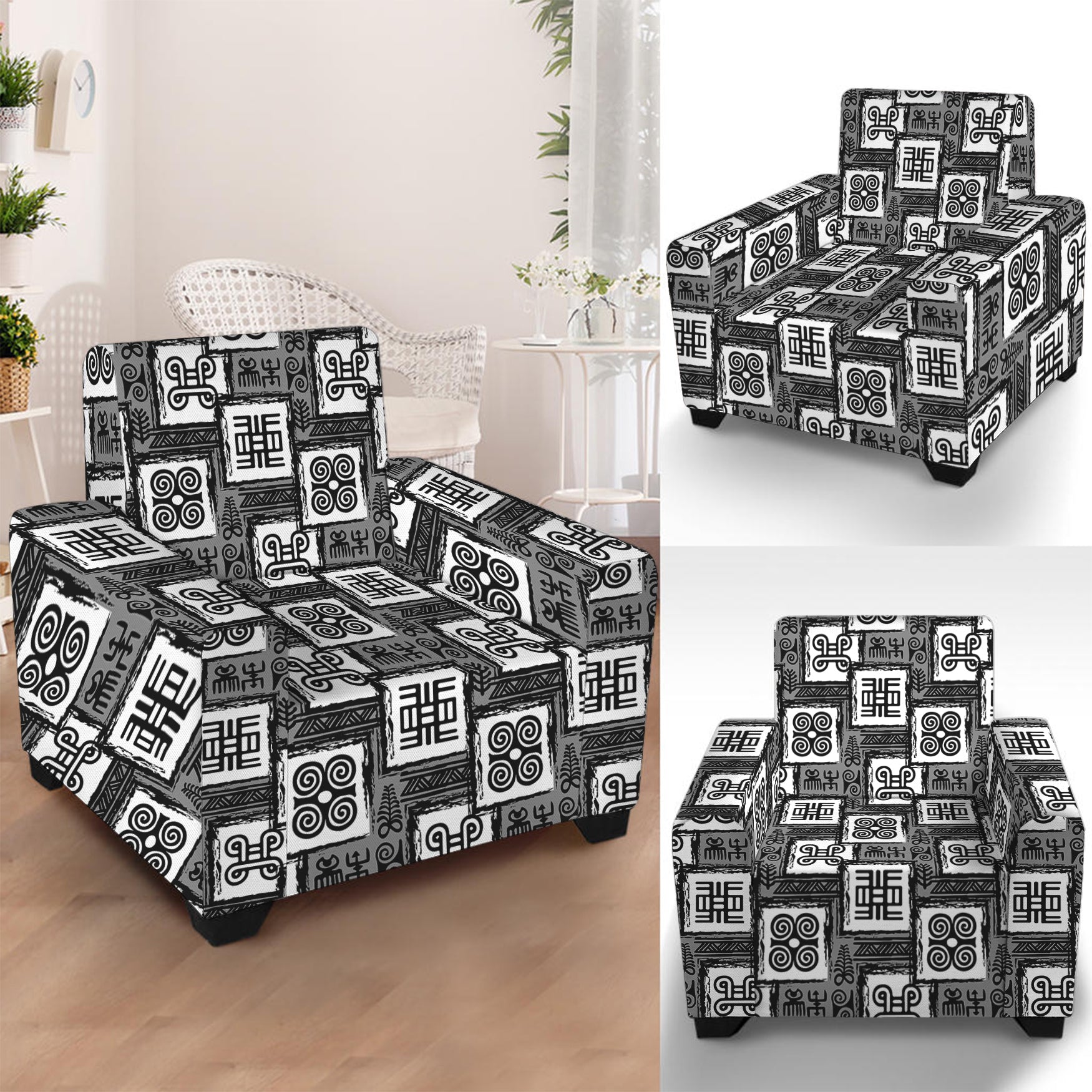 Grey African Adinkra Symbols Print Armchair Slipcover