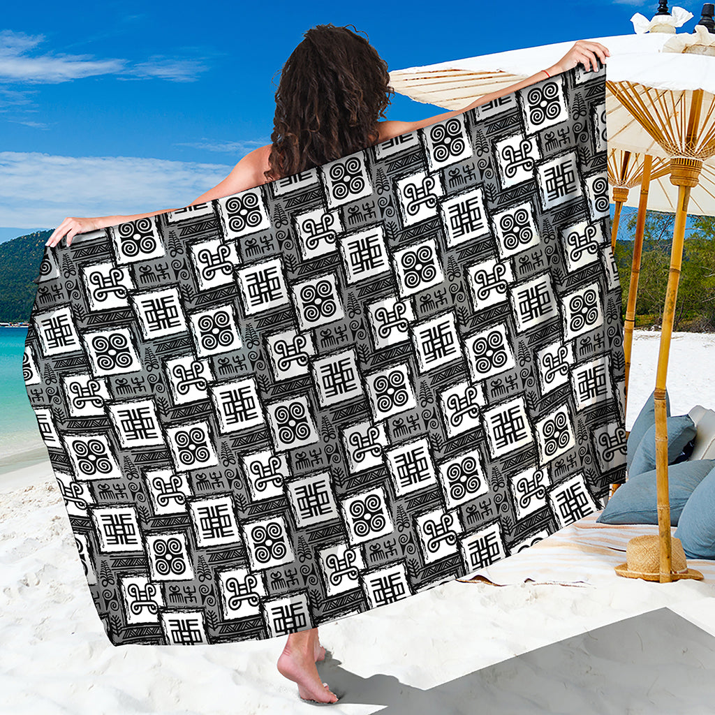 Grey African Adinkra Symbols Print Beach Sarong Wrap