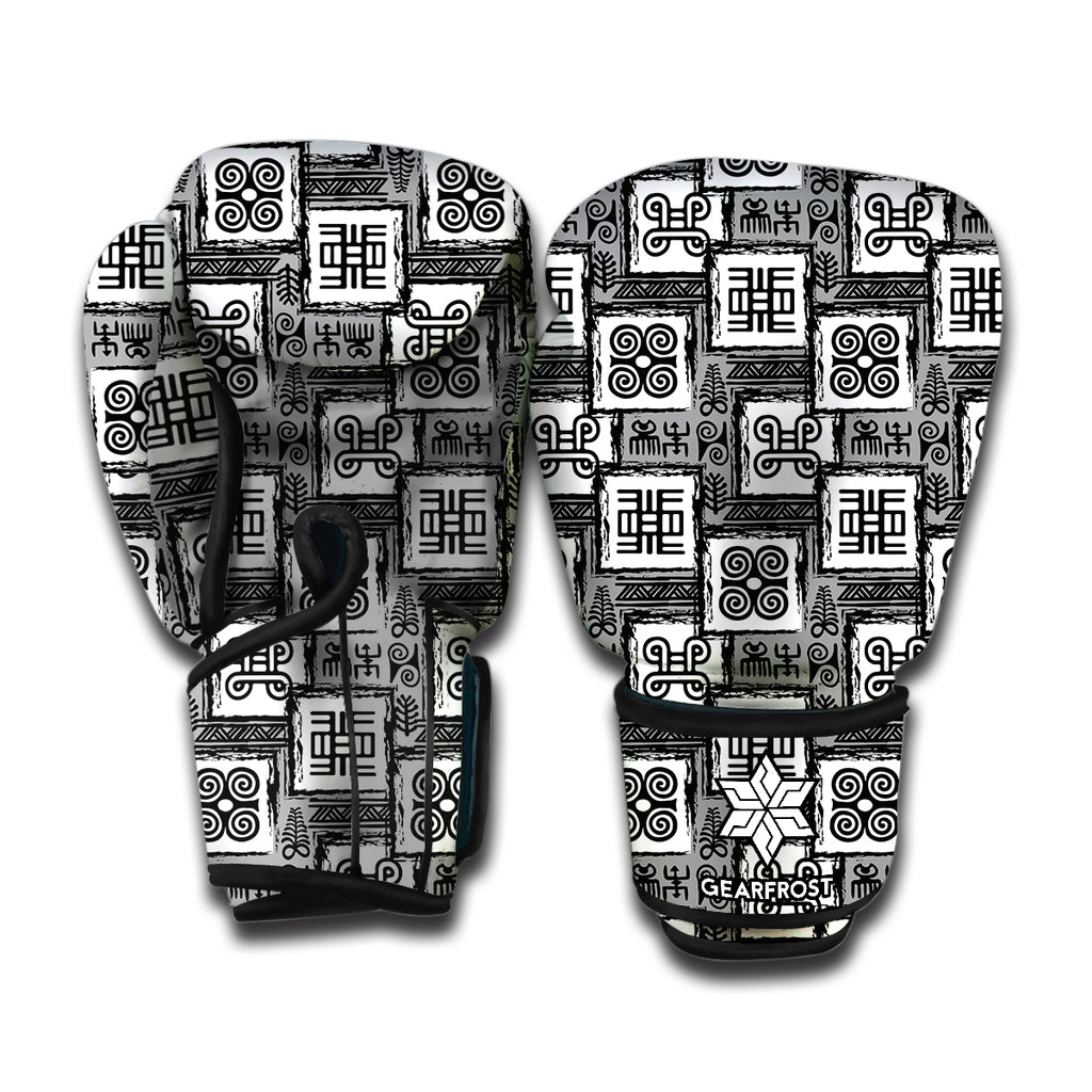 Grey African Adinkra Symbols Print Boxing Gloves