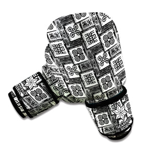 Grey African Adinkra Symbols Print Boxing Gloves