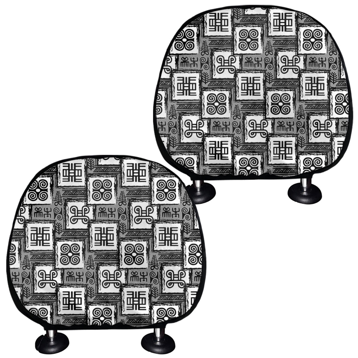 Grey African Adinkra Symbols Print Car Headrest Covers