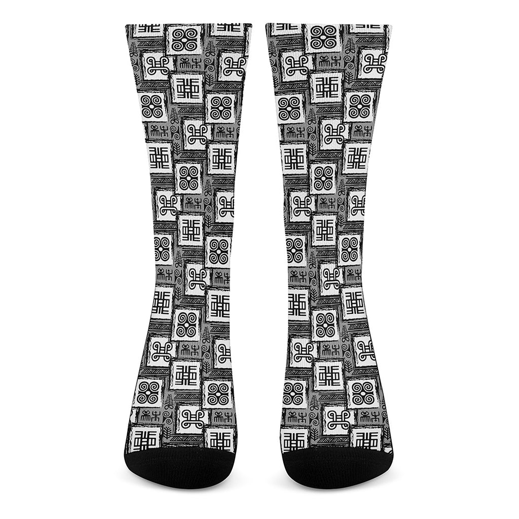 Grey African Adinkra Symbols Print Crew Socks