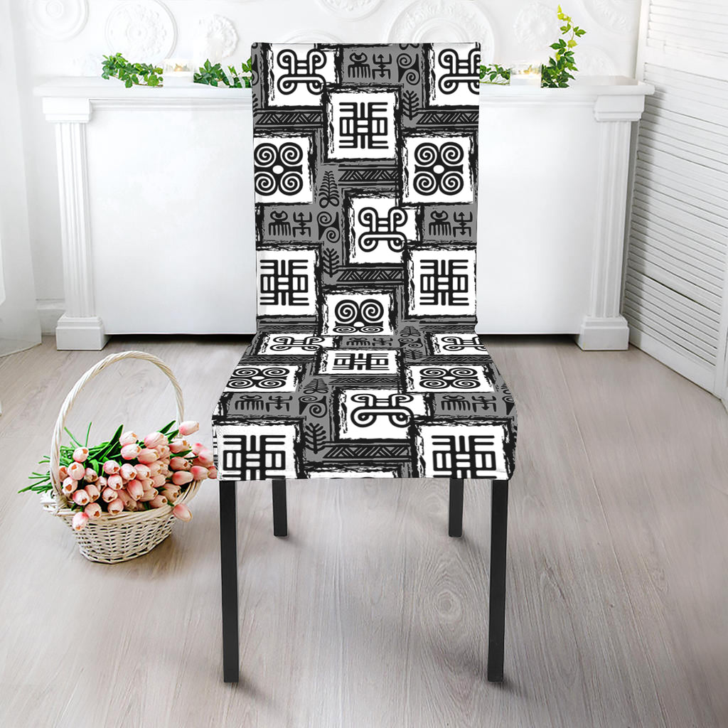 Grey African Adinkra Symbols Print Dining Chair Slipcover