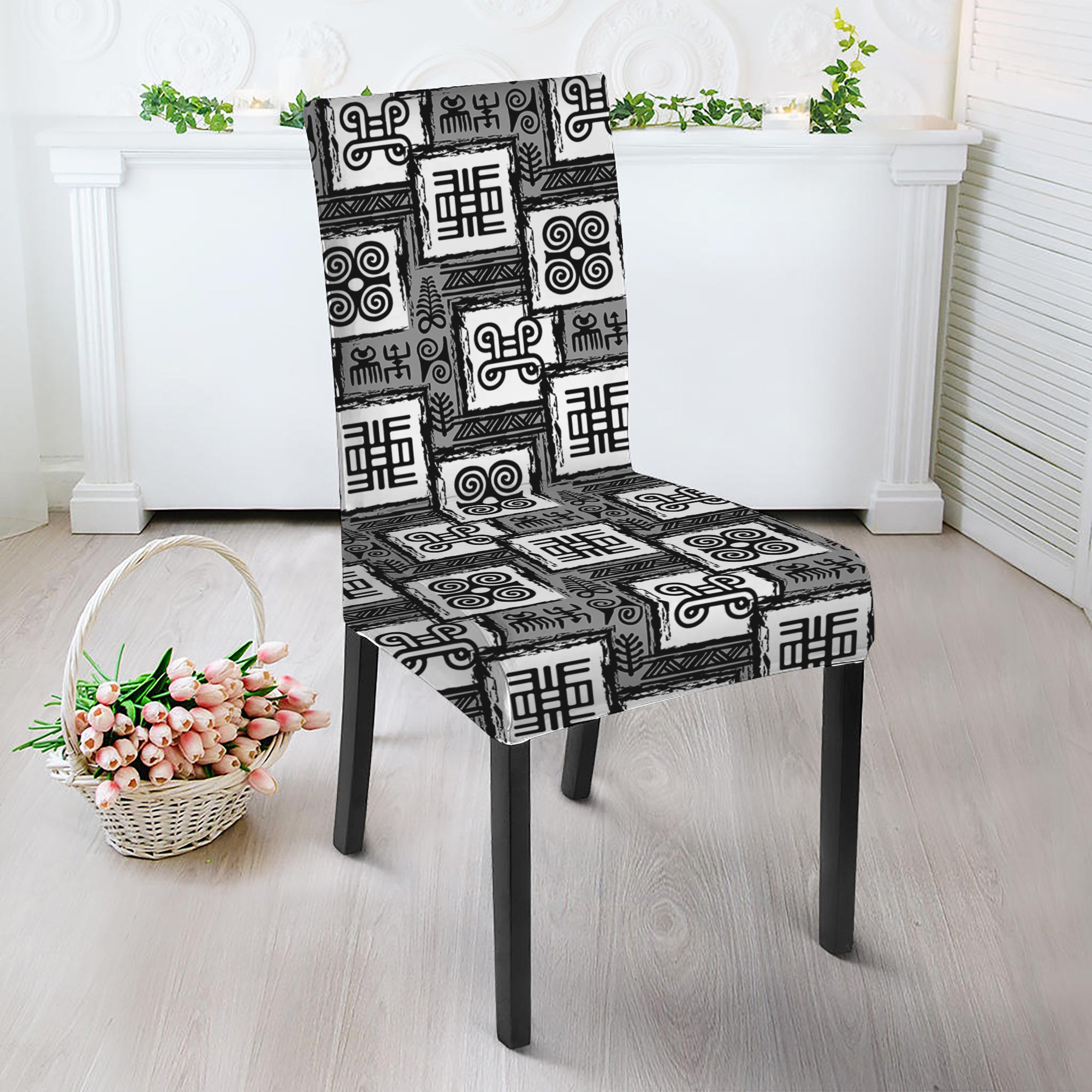 Grey African Adinkra Symbols Print Dining Chair Slipcover