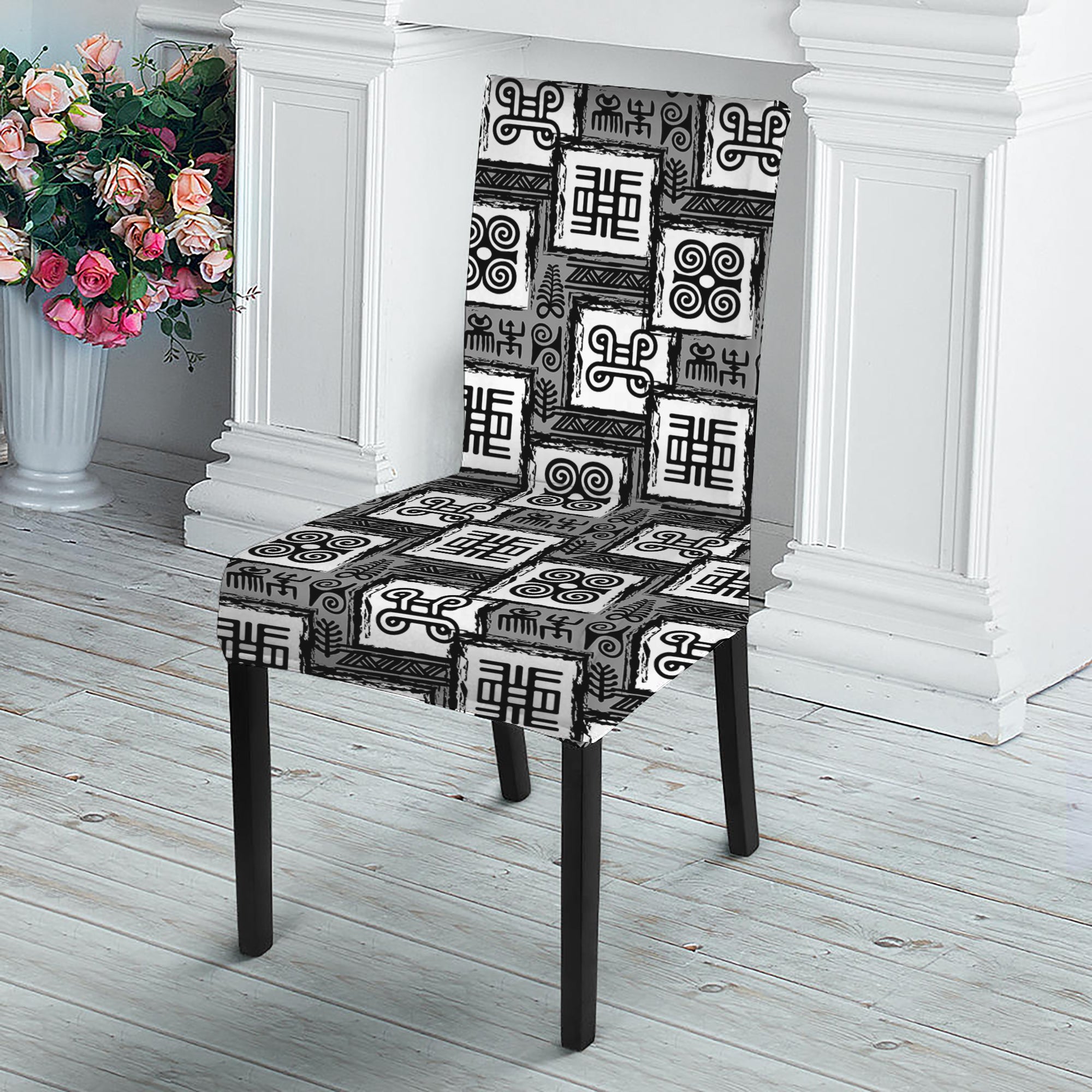 Grey African Adinkra Symbols Print Dining Chair Slipcover