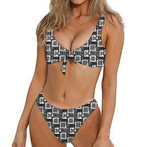 Grey African Adinkra Symbols Print Front Bow Tie Bikini