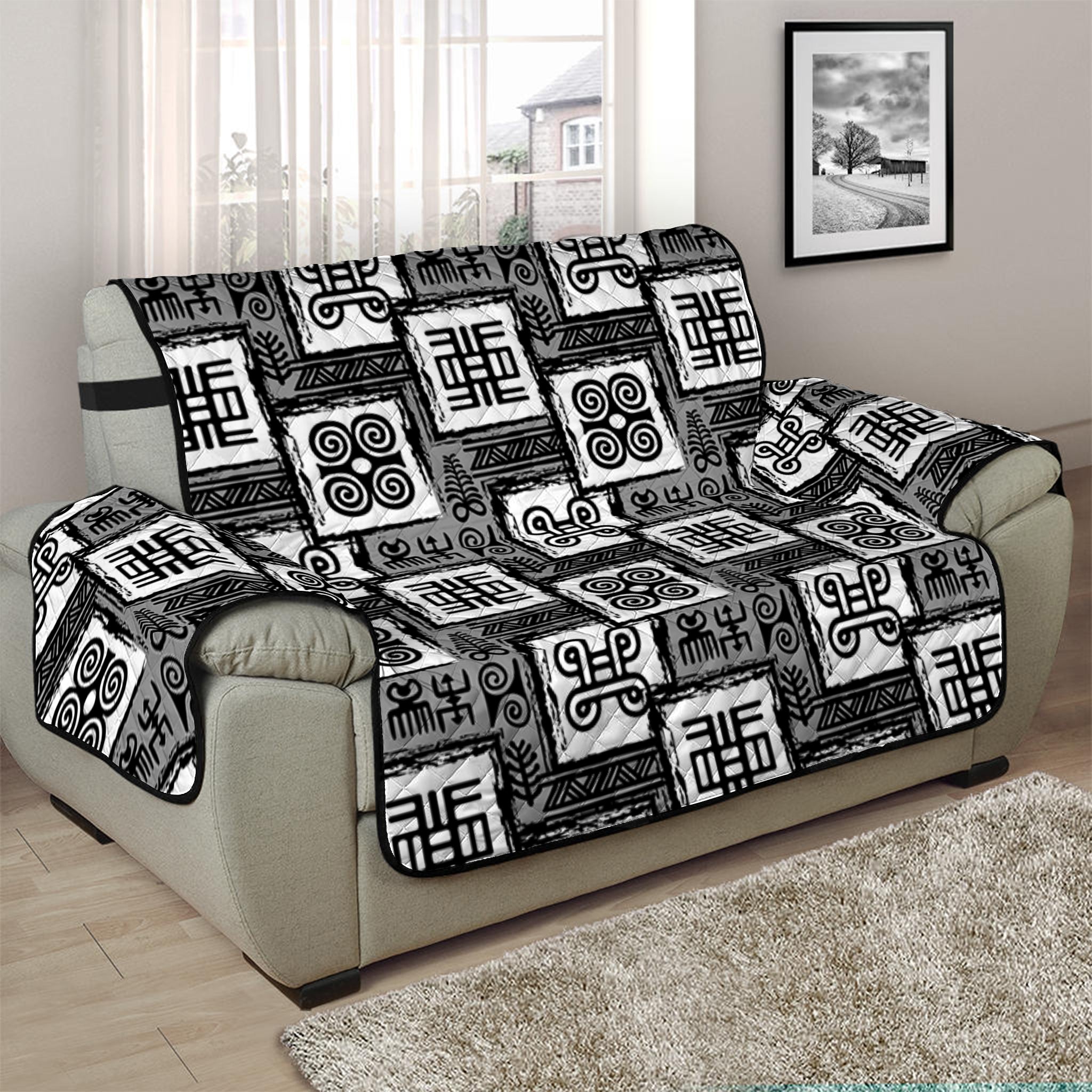 Grey African Adinkra Symbols Print Half Sofa Protector