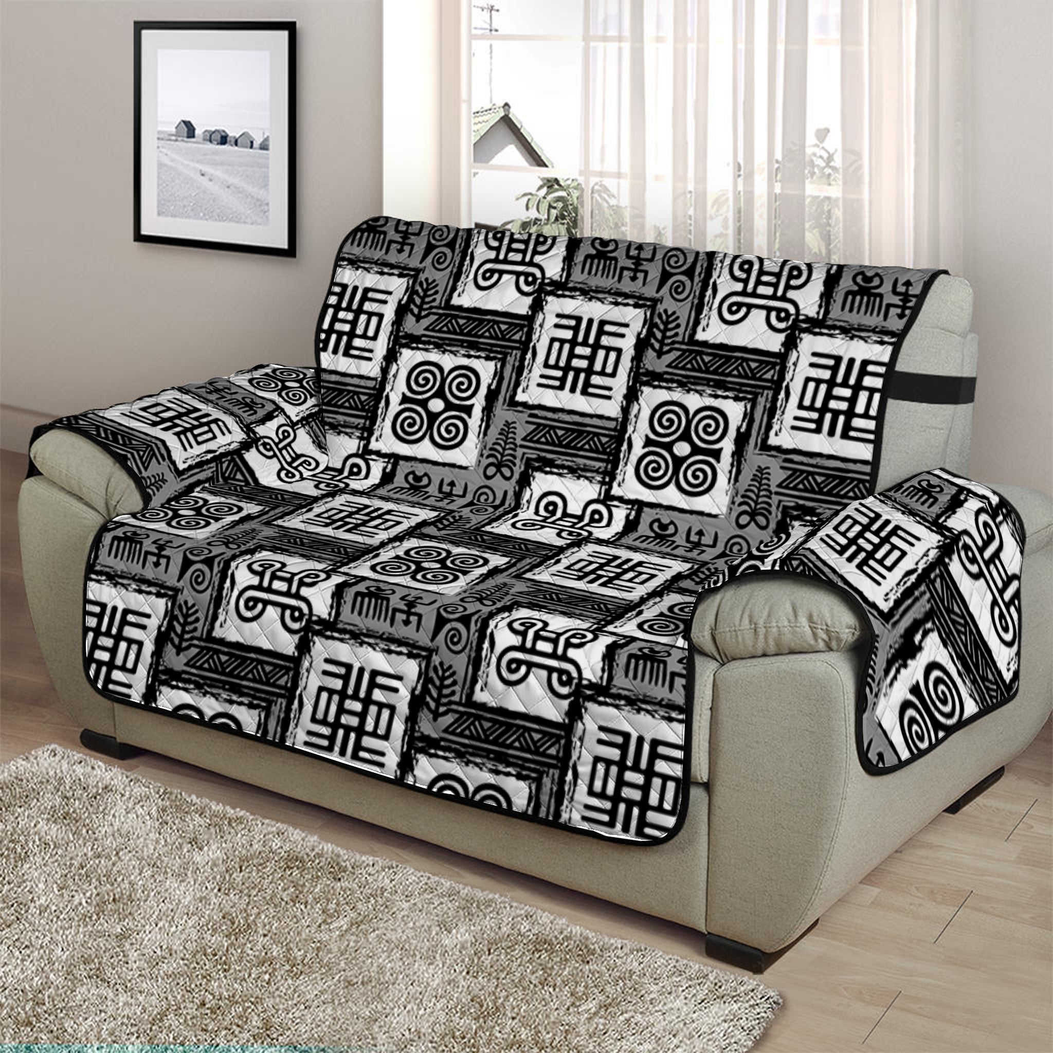 Grey African Adinkra Symbols Print Half Sofa Protector