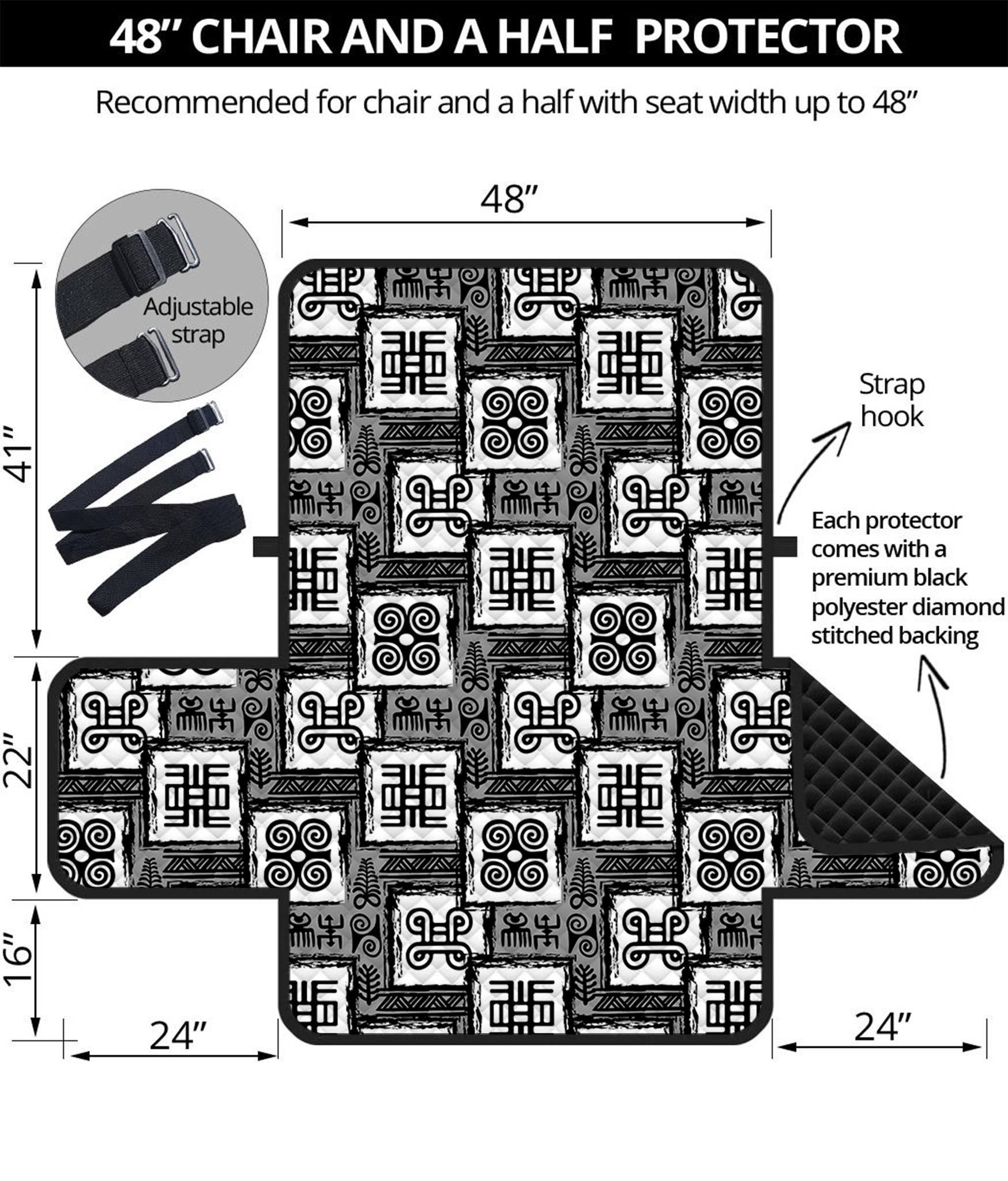 Grey African Adinkra Symbols Print Half Sofa Protector