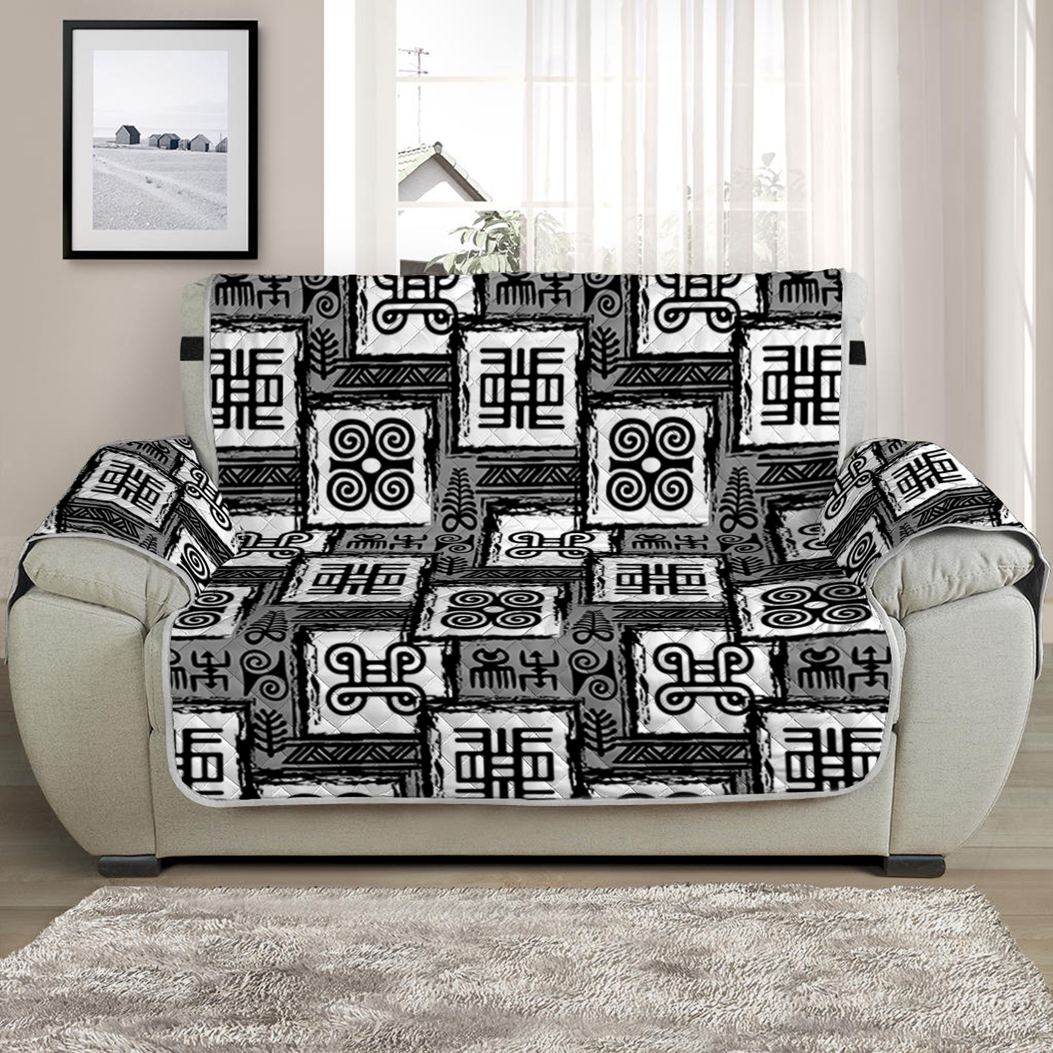 Grey African Adinkra Symbols Print Half Sofa Protector