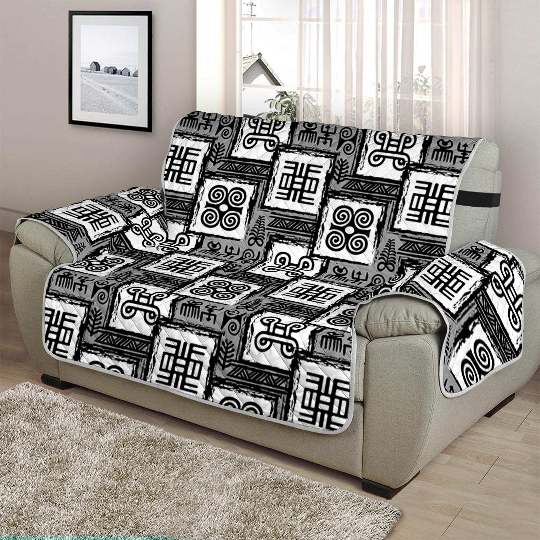 Grey African Adinkra Symbols Print Half Sofa Protector