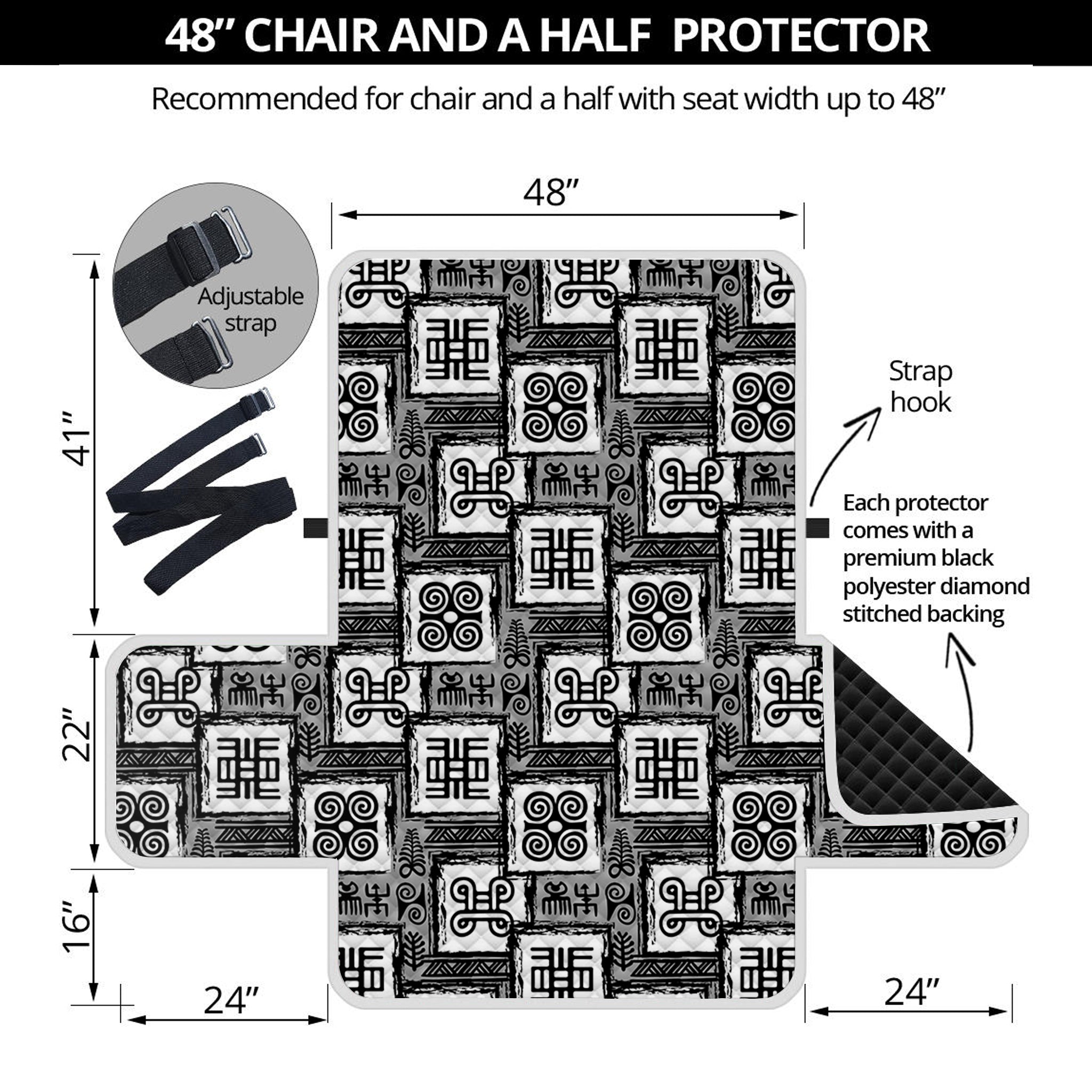 Grey African Adinkra Symbols Print Half Sofa Protector