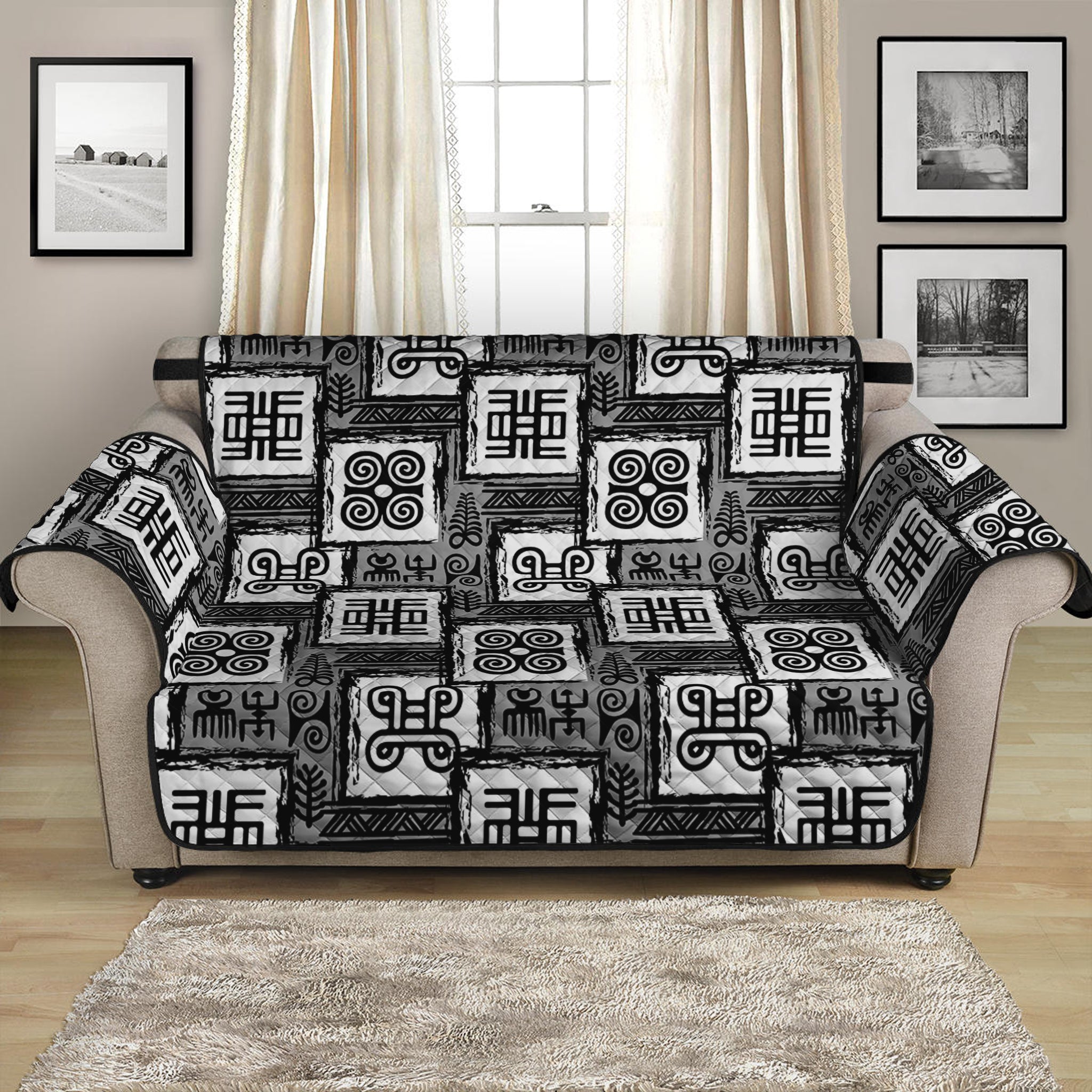 Grey African Adinkra Symbols Print Loveseat Protector